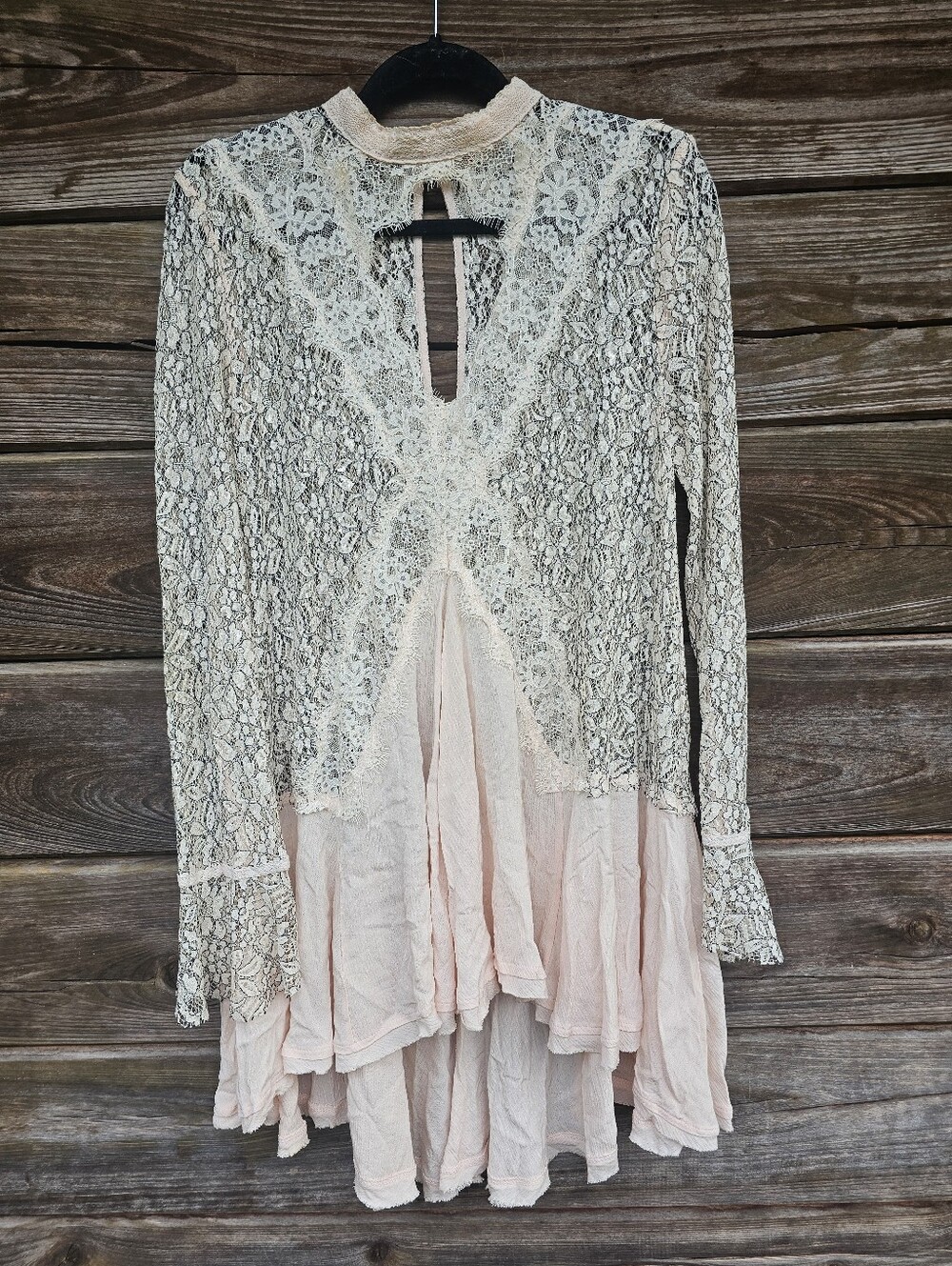 Free People Tell Tale Tunic Dress Blush Pink Cream Lace Boho Size Large